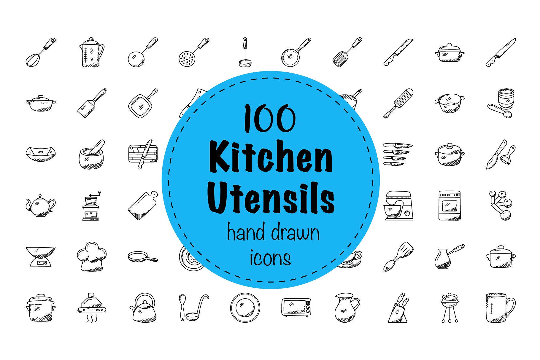 100枚涂鸦风格厨房用具图标 100 doodles of kitchen utensils插图