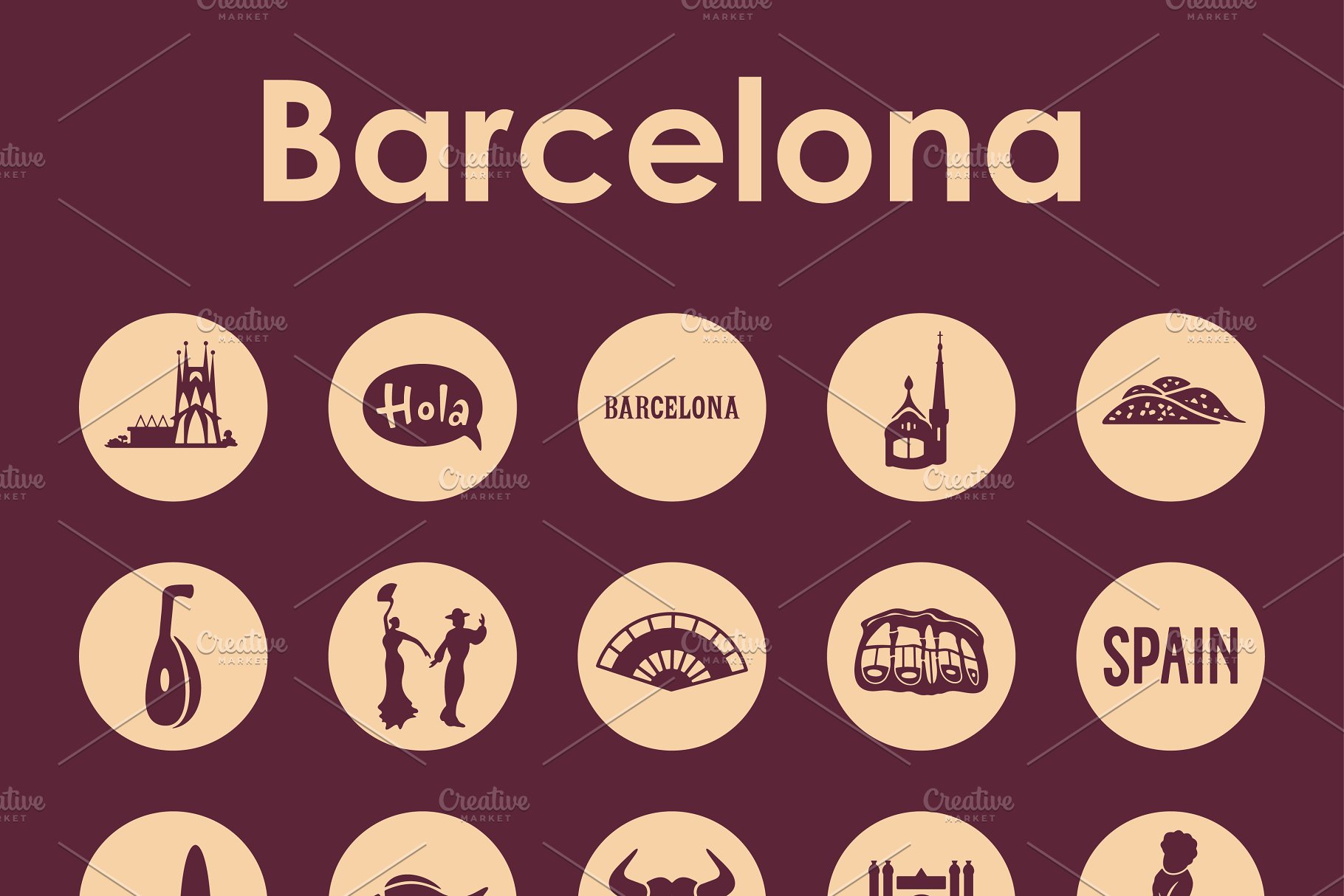 巴塞罗那西班牙风情图标集 set of barcelona icons