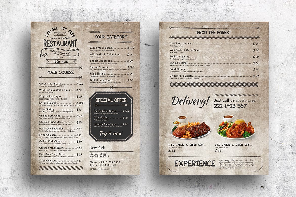 复古做旧设计风格餐厅菜单设计模板 vintage food menu  单页a4和美国