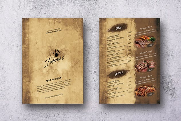 复古高端西餐厅菜单设计psd模板 infernos vintage single page menu