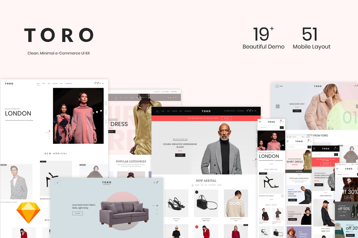 简约风格电商外贸网站设计模板UI套件 TORO – Clean, Minimal e-Commerce UI Kit插图