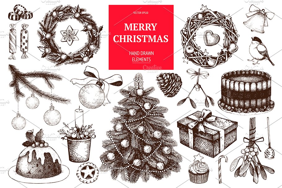 墨水手绘复古矢量圣诞插图 Vintage Christmas Illustrations插图