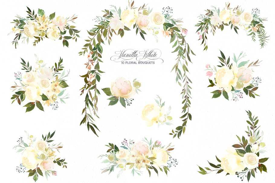 白色香草水彩花卉剪贴画 Vanilla White Watercolor Flowers插图(2)