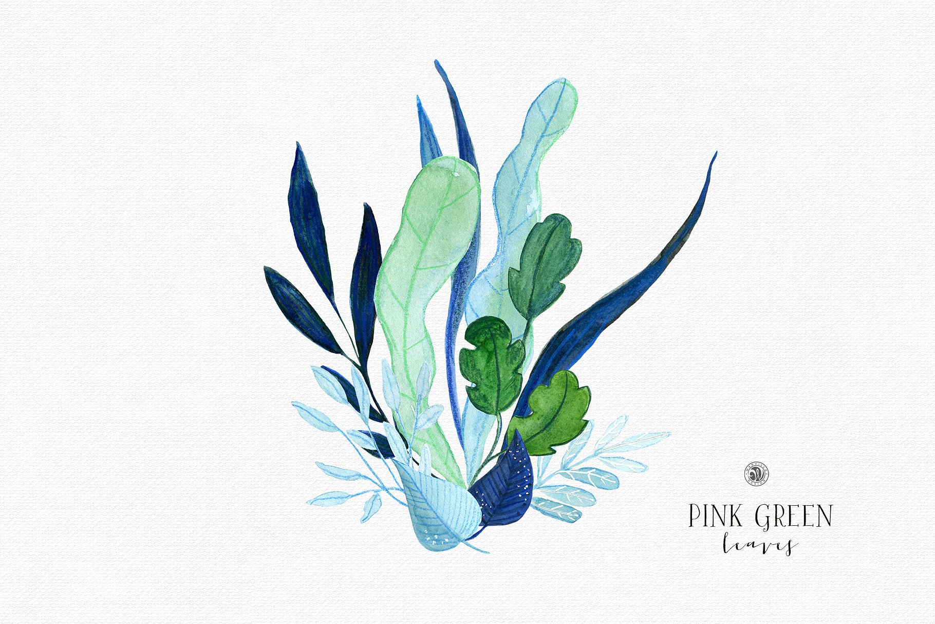 水彩手绘粉绿色叶子插画合集 Pink Green Leaves插图2