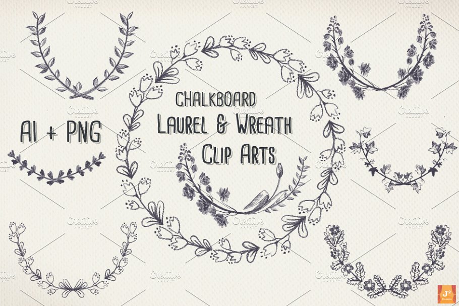 粉笔手绘黑板风格月桂花环剪贴画 Vector PNG Chalkboard style Wreaths插图(4)