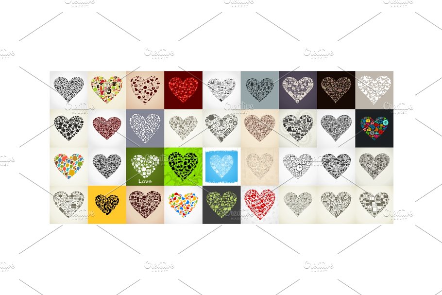各种主题图标拼凑心形插画 Collection of hearts插图(1)