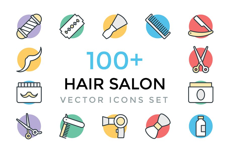 100+美发沙龙系列创意彩色图标 100+ Hair Salon Vector Icons插图