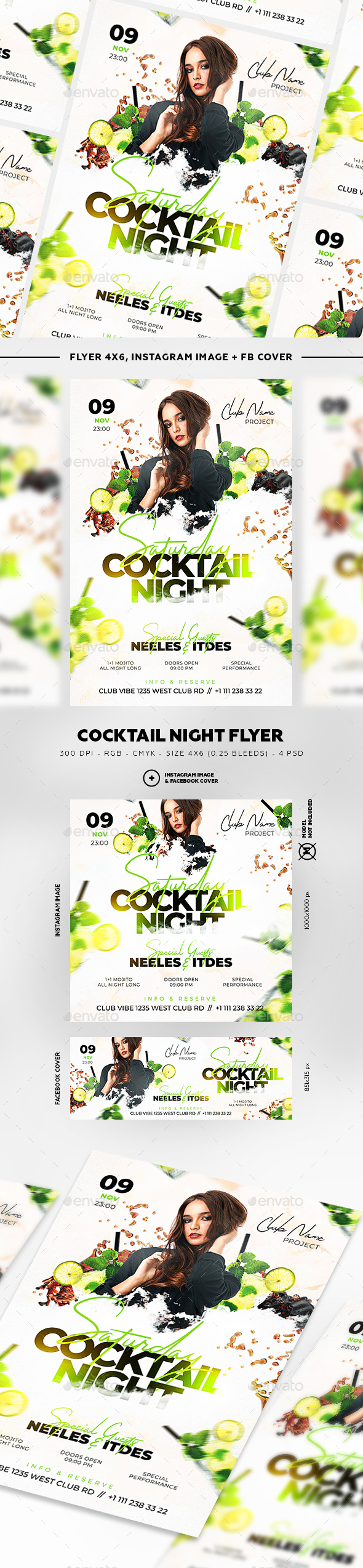 时尚鸡尾酒晚宴宣传海报模板 Cocktail Night Flyer [psd]插图