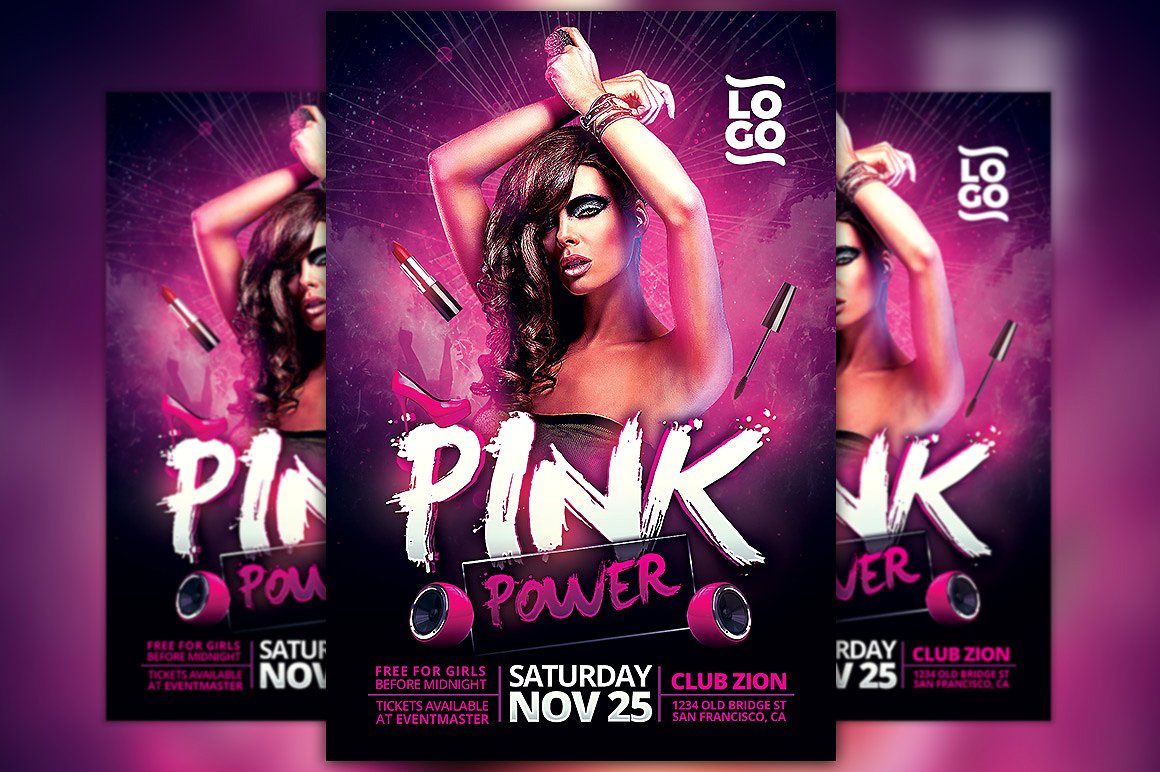 粉红力量派对传单模板  Pink Power Party Flyer Template插图