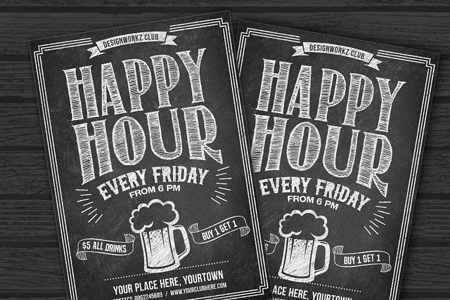 欢乐时光黑板画风格海报传单设计模板 Happy Hour Chalkboard Flyer插图(1)