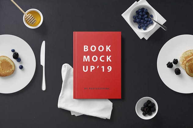 早餐餐桌硬纸封面书精装图书样机 Hard Cover Book Mockup – Breakfast Set插图1