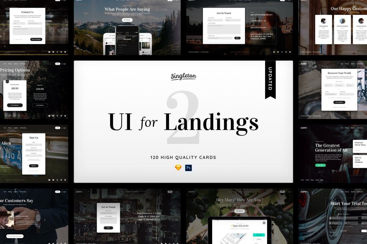 着陆页卡片式模板UI套件[Sketch&PS] Singleton 2 for Sketch & PS插图