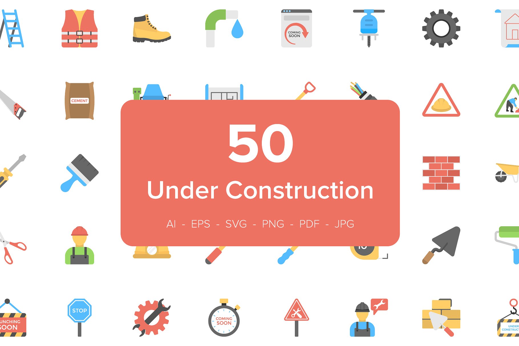 50枚工程施工主题扁平化图标 50 Under Construction Flat Icons插图