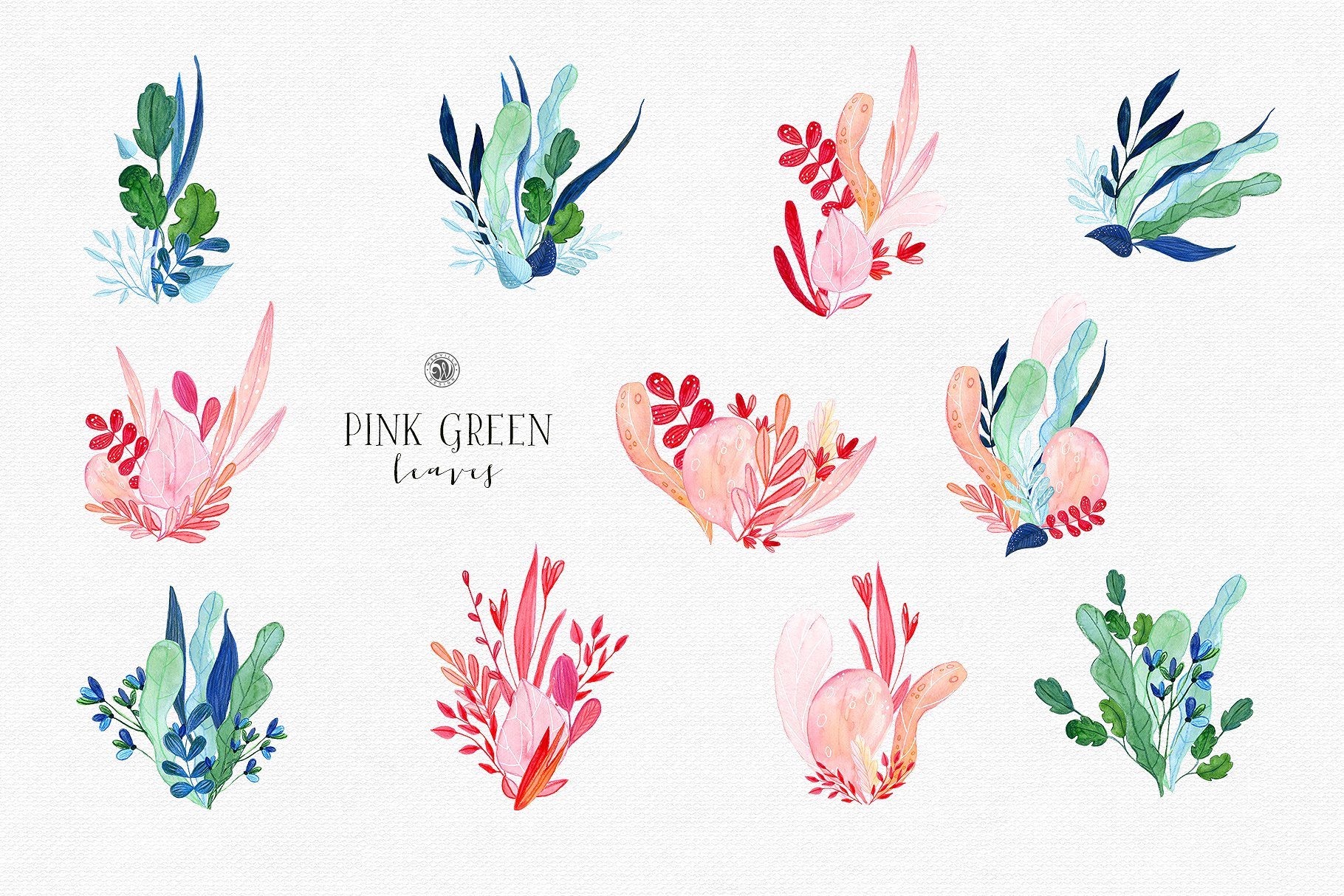 水彩手绘粉绿色叶子插画合集 Pink Green Leaves插图7