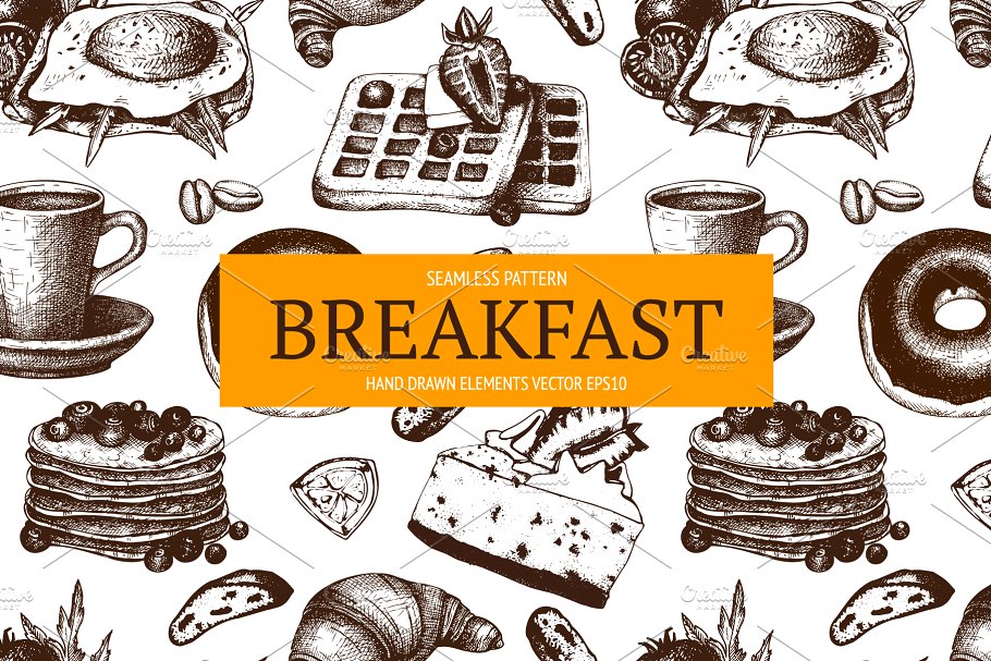 墨水手绘老式早餐模板设计元素 Hand Drawn Breakfast Design插图(3)