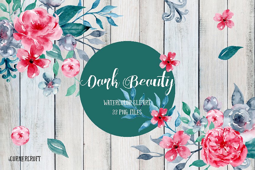 暗色水彩花卉艺术剪贴画素材 Watercolor Clipart Dark Beauty插图