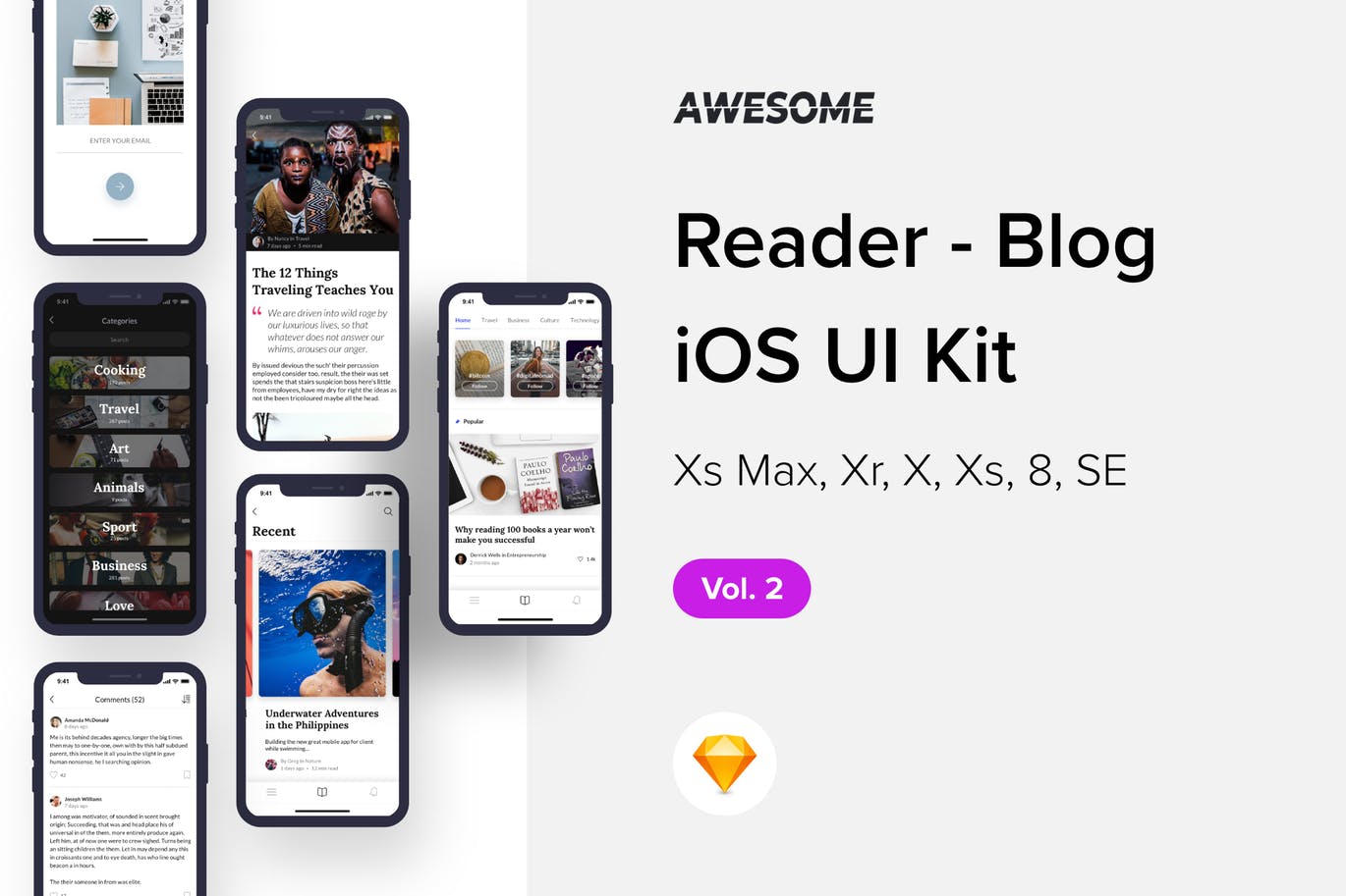 iOS手机新闻资讯类APP应用UI设计套件v1[PSD] Awesome iOS UI Kit – Reader Blog Vol. 2 (Sketch)插图