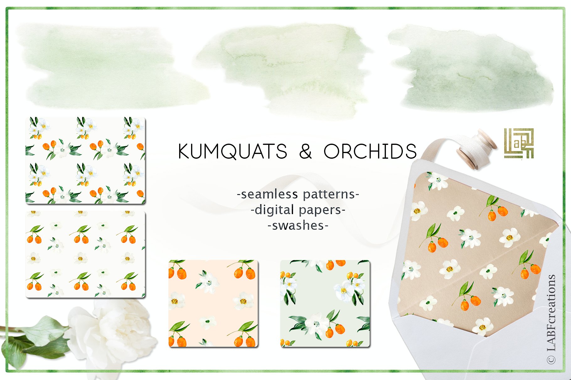 金橘和白色兰花手绘水彩画素材 Kumquat & white orchids. Watercolors插图7