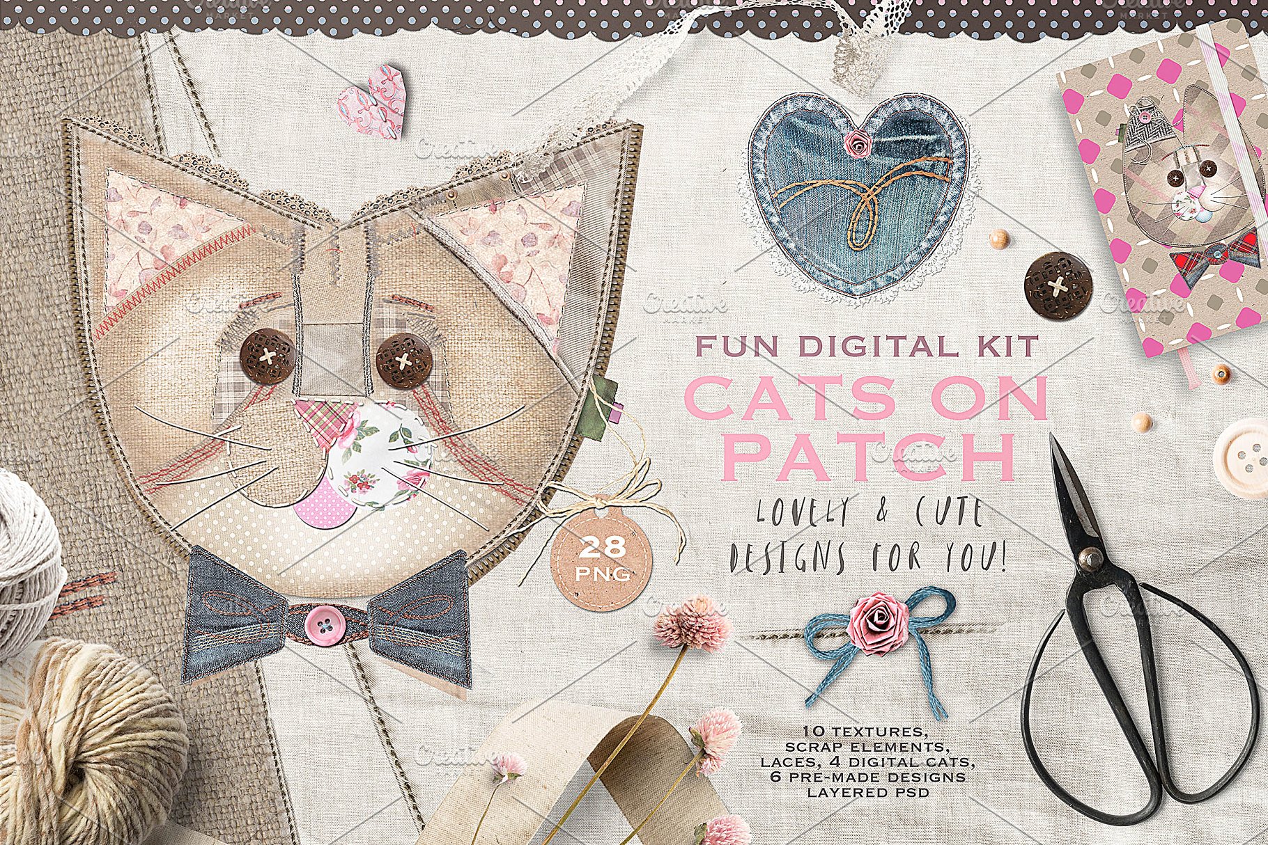 布艺拼接缝制风格猫动物插画 CATS ON PATCH插图