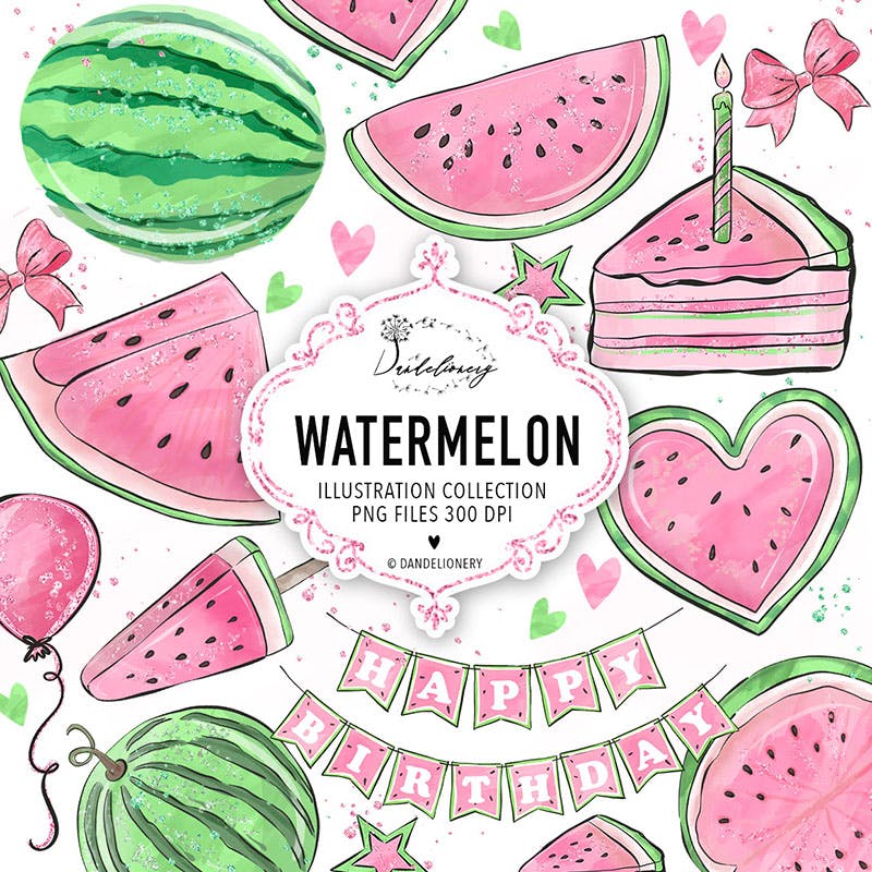 粉色西瓜瓣水彩剪贴画PNG素材 Watercolor Pink Watermelon Clipart插图(3)