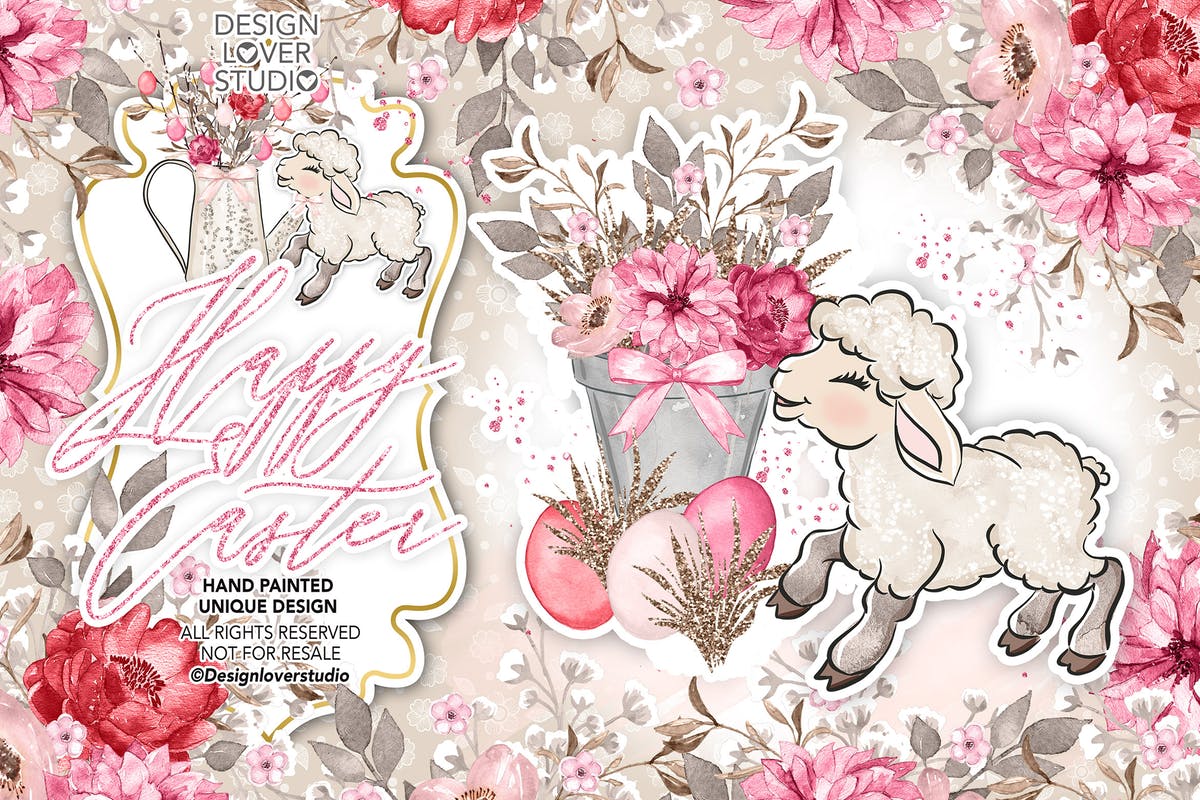快乐复活节羔羊水彩剪贴画设计素材 Happy Easter lamb design插图