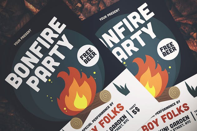 篝火晚会节日活动传单设计模板 Bonfire Party Flyer插图1