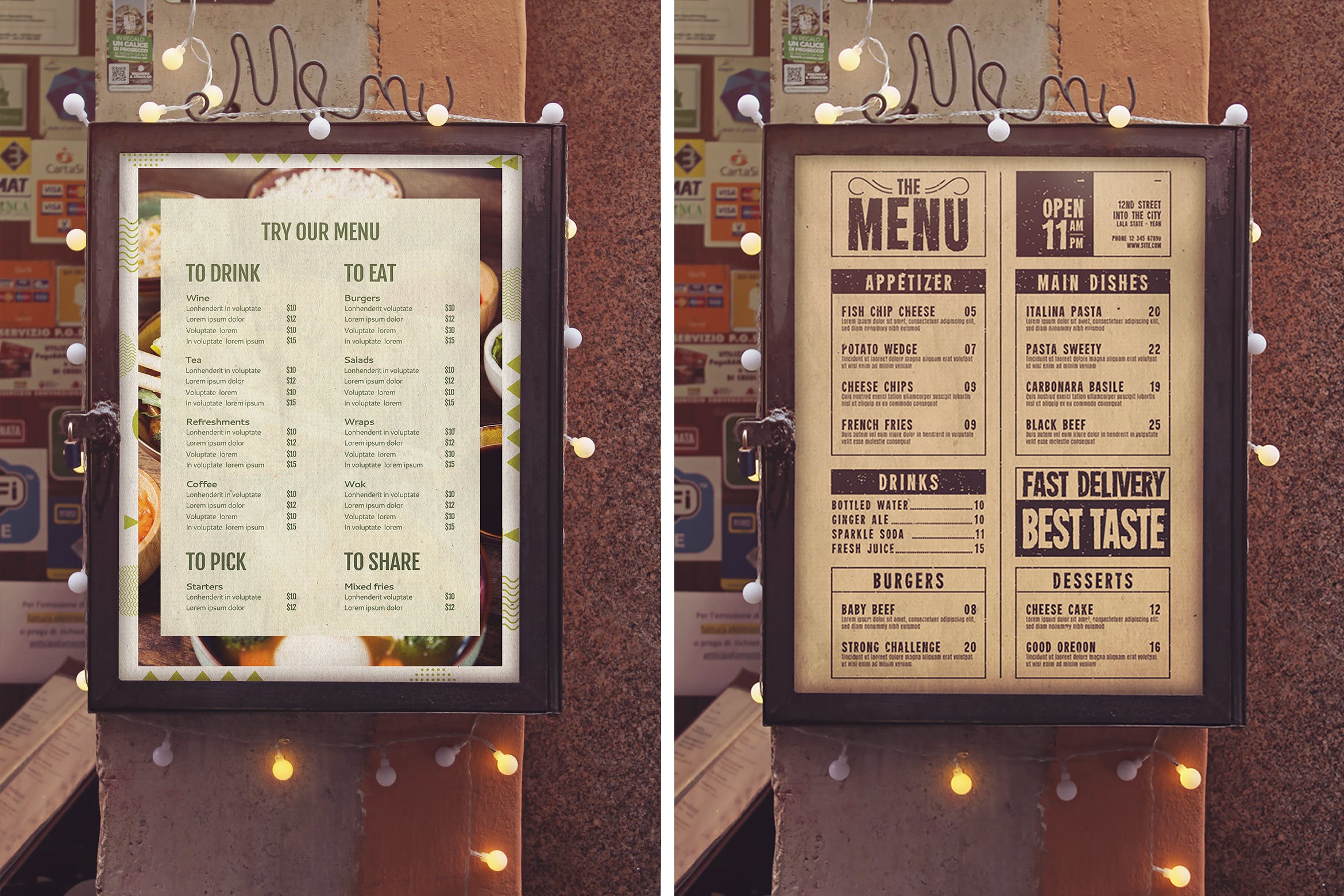 饭店餐厅菜单/广告橱窗设计效果图样机模板 Menu Vertical Mockup插图