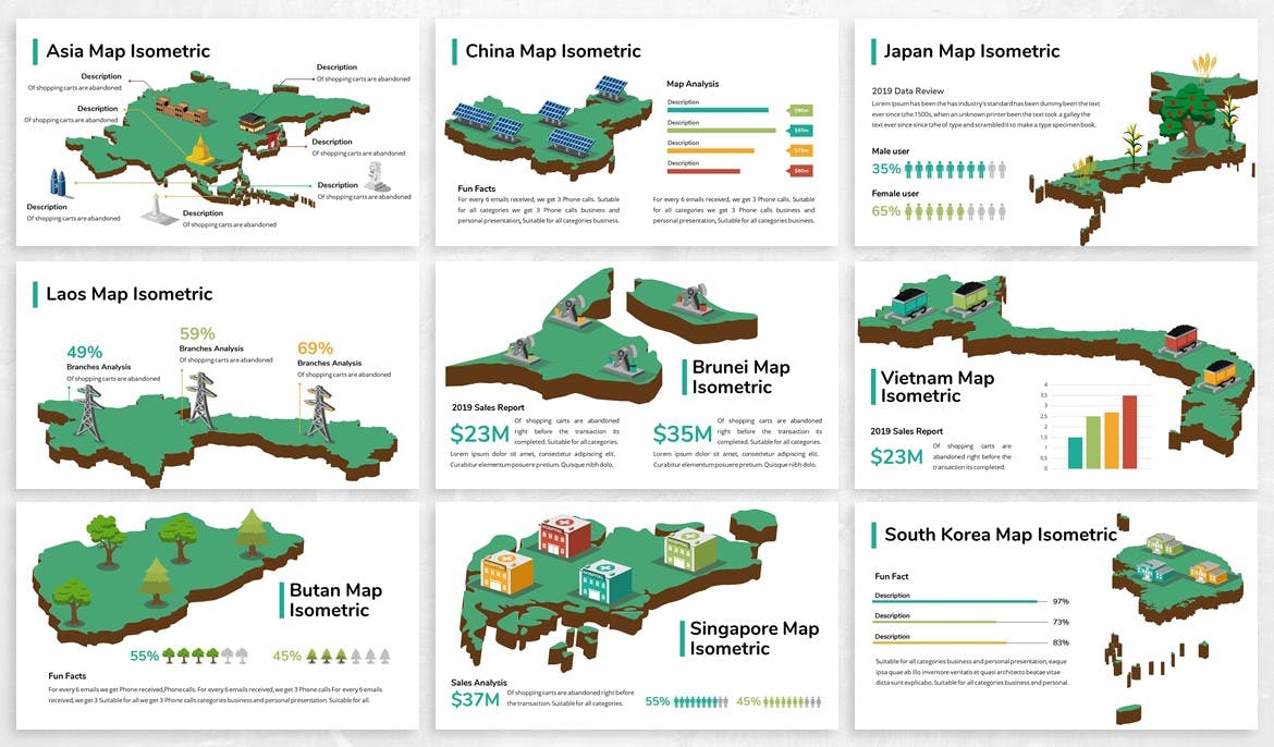 亚洲地区国家地图PPT幻灯片设计素材 Asia Maps Isometric & Legends For Powerpoint插图