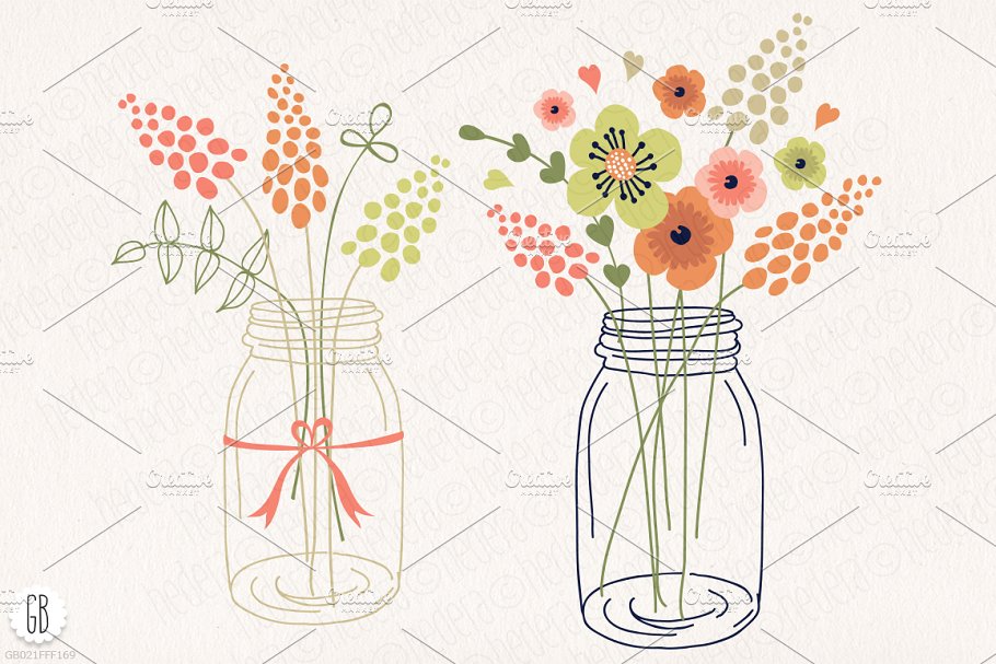 花框、插花&花水彩插画元素 Floral frames, mason jars, flowers插图3