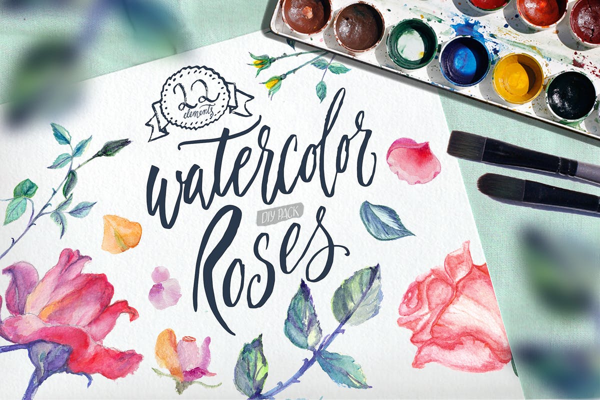 高分辨率水彩玫瑰DIY插画设计套装 Watercolor Roses DIY pack插图
