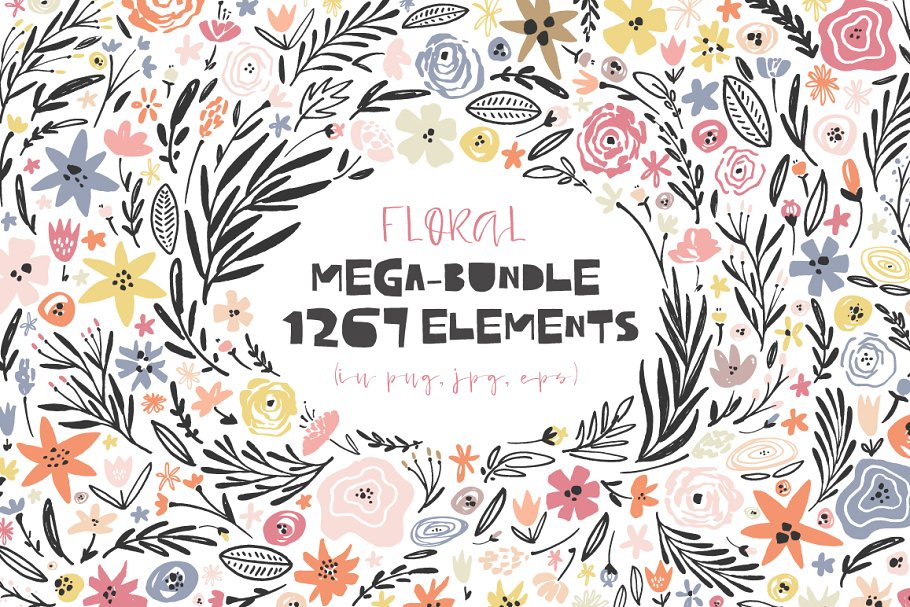 超级手绘花卉&叶子元素大礼包 Floral mega-bundle: 1267 elements插图