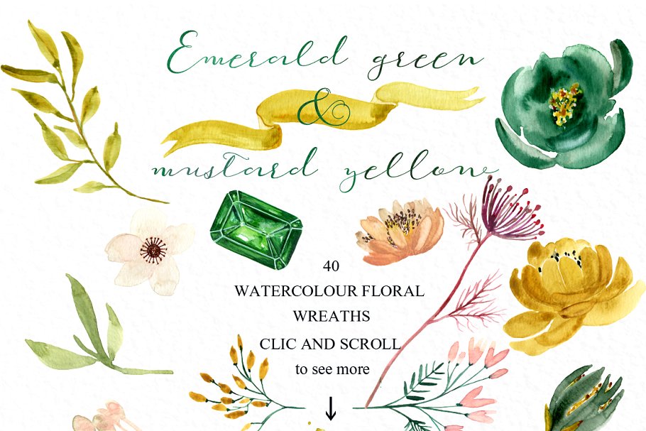 绿黄水彩花卉花环剪贴画 Green and yellow watercolor floral插图(6)