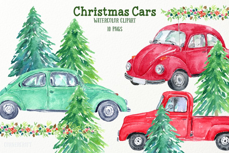 圣诞节主题汽车水彩剪切画 Watercolour Christmas Cars插图1