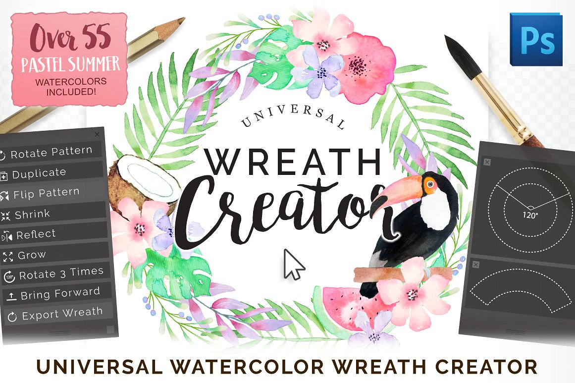 创建水彩花环的PS动作下载 Universal Wreath Creator Pro [psd,atn]插图