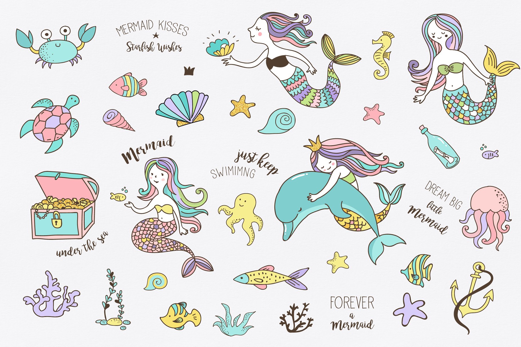 小美人鱼与海洋生物元素及贺卡模板 Little Mermaid – under the sea set插图1