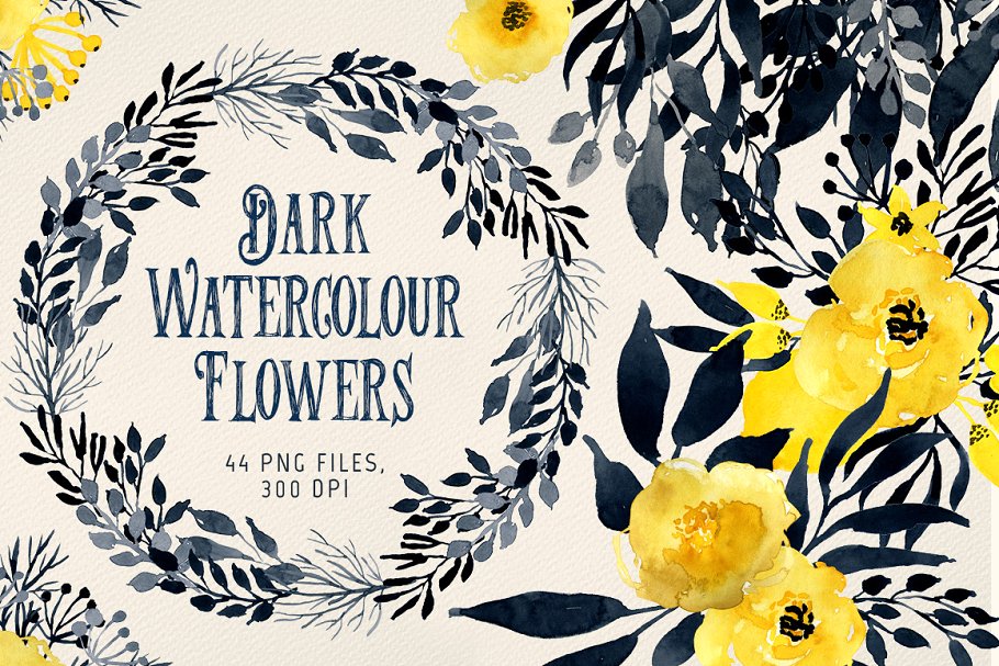 黑色格调水彩花卉图案 Dark Watercolour Flowers插图