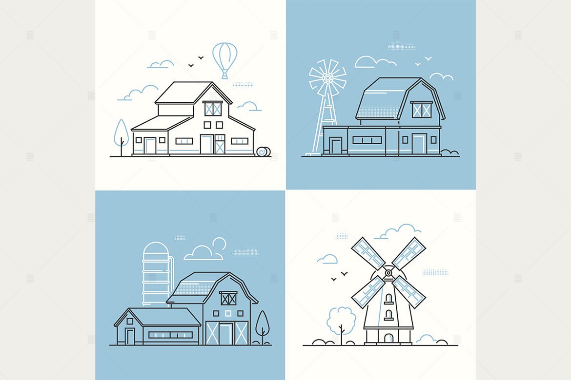 农场生活主题系列线条设计风格插画素材 Farm life – set of line design style illustration插图