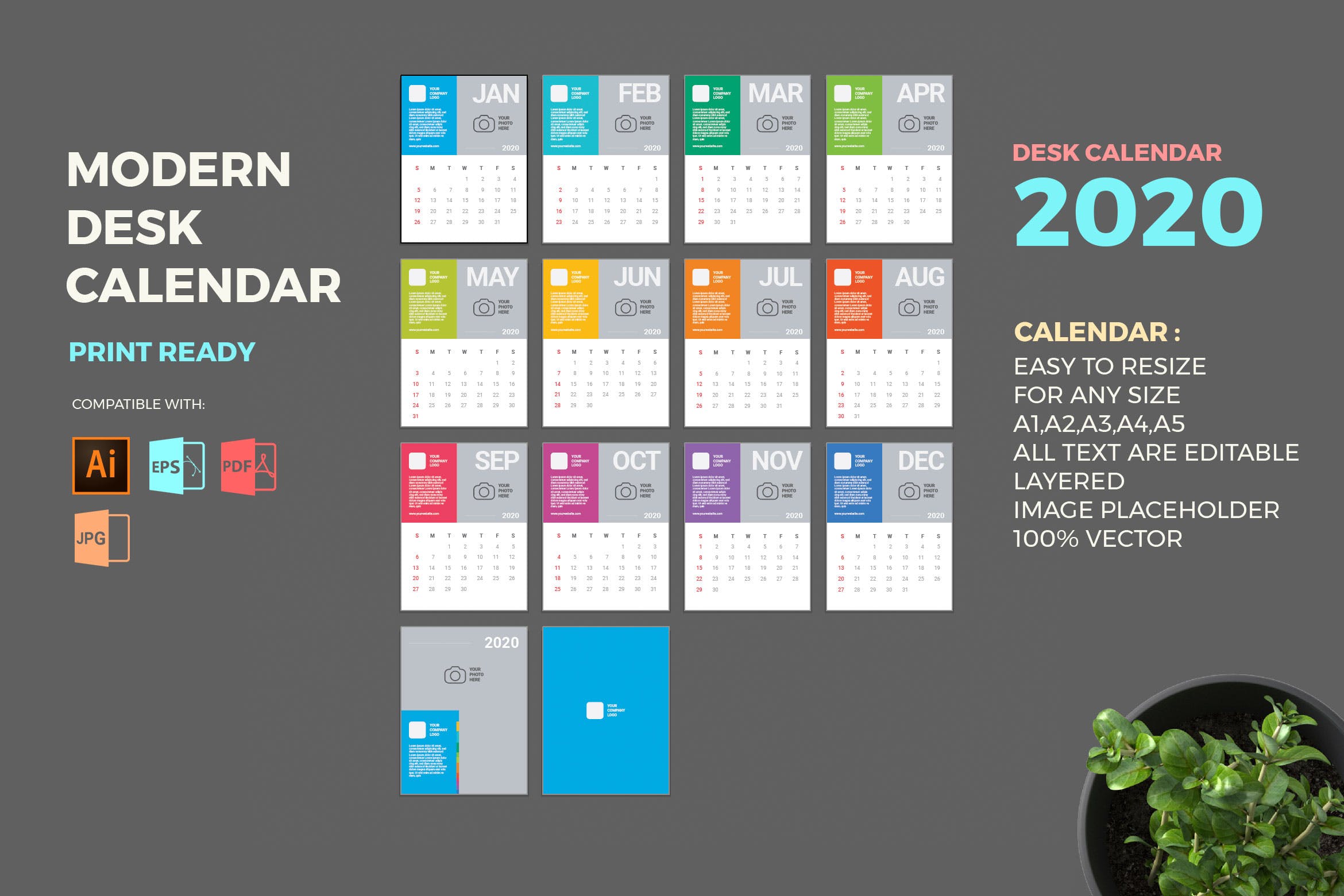 五彩颜色背景2020年照片台历日历表模板 Modern 2020 Desk Calendar Pro插图