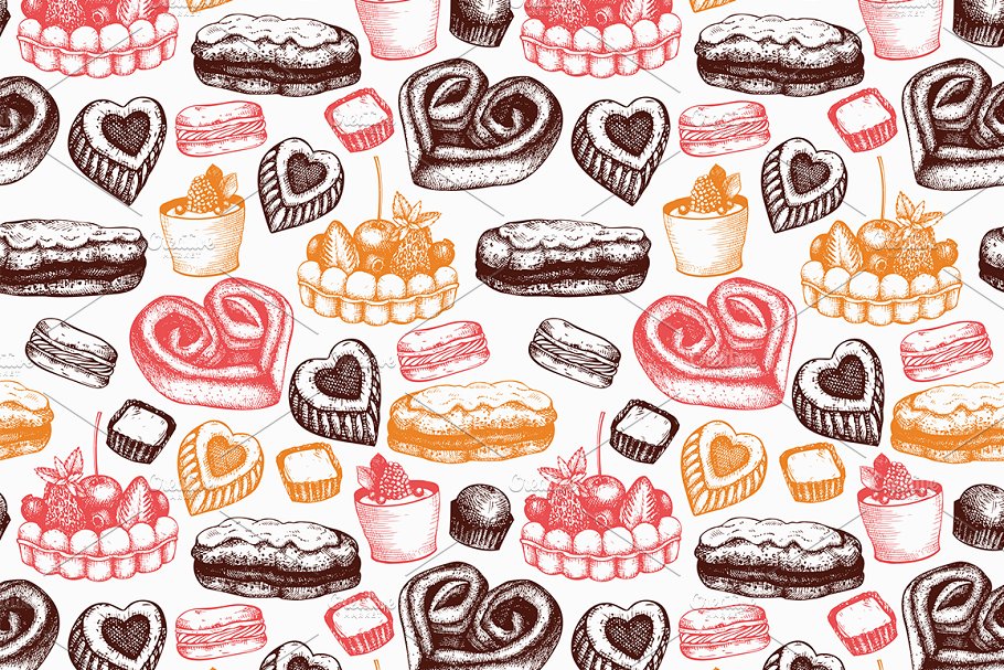 情人节主题配色食品和饮料手绘插画 Food & Drinks for Valentine’s Day插图(6)