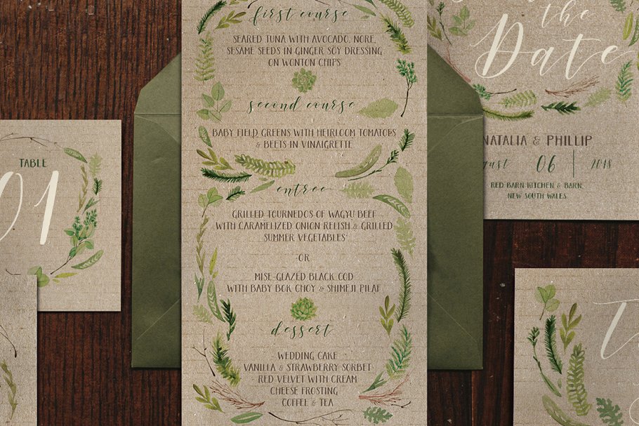 水彩叶子婚礼设计物料模板套装 Watercolor Foliage Wedding Suite插图2