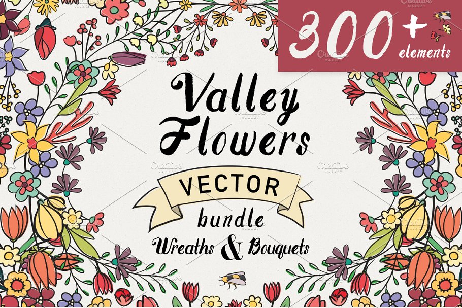 繁花似锦水彩花卉插画集锦 Valley Vector Floral Bundle插图