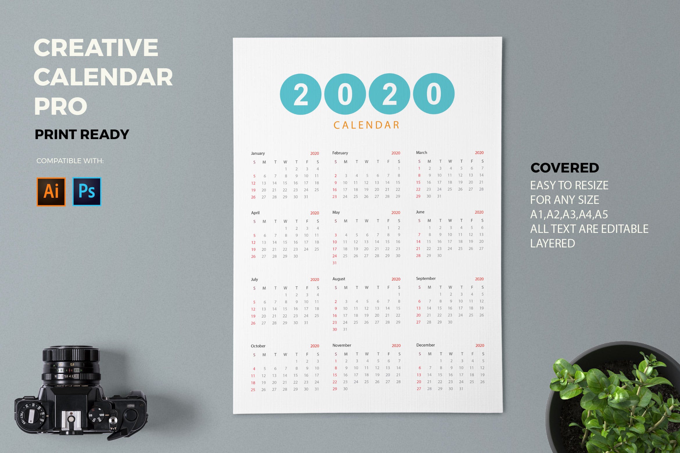 简约设计风格2020年单页日历设计模板 Creative Calendar Pro 2020插图