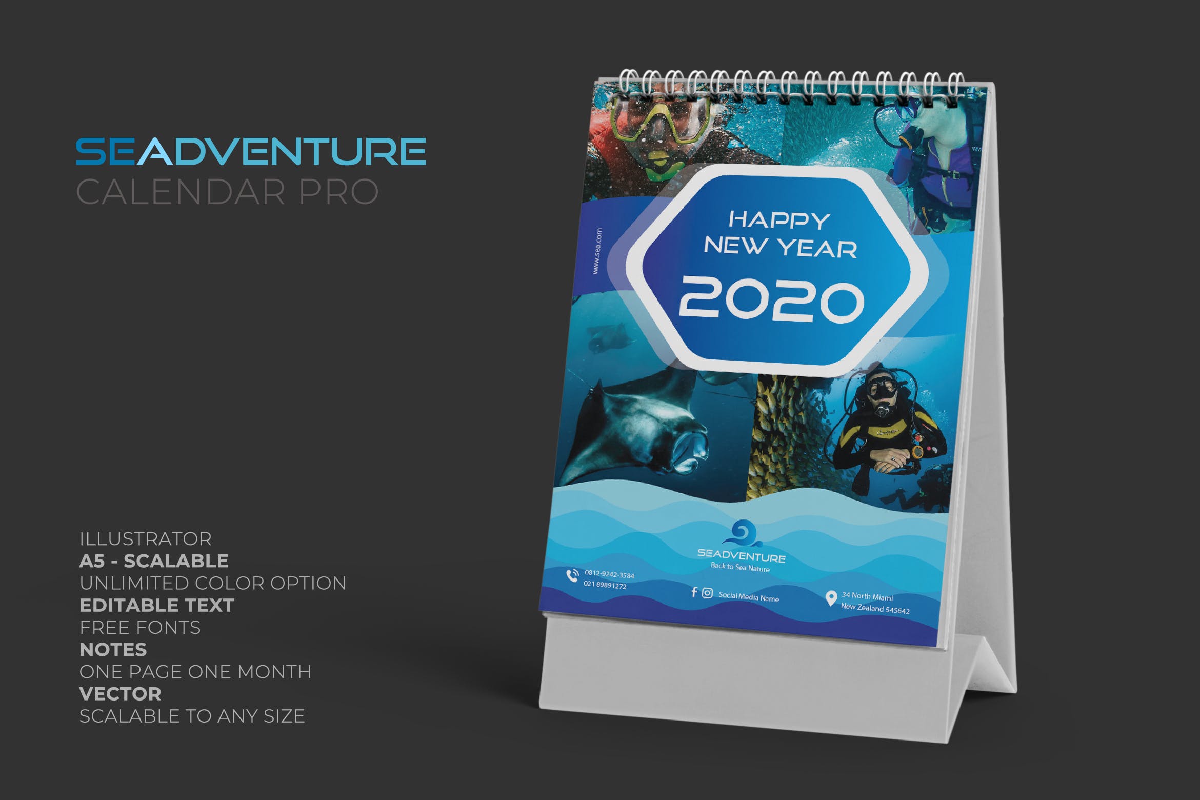 2020年潜水主题翻页台历设计模板 2020 Sea Activities Calendar Pro插图