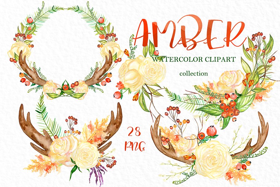 秋天水彩花卉花环剪贴画合集 Amber. Autumn watercolor clipart插图