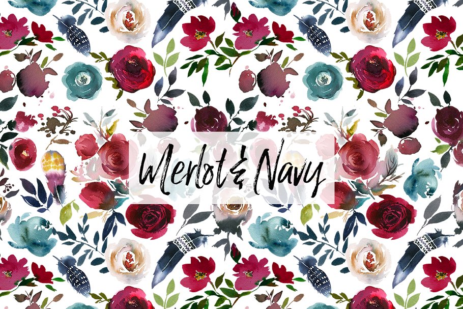 梅洛红&海军蓝水彩花卉设计素材包 Merlot & Navy Boho Floral Design Kit插图(10)