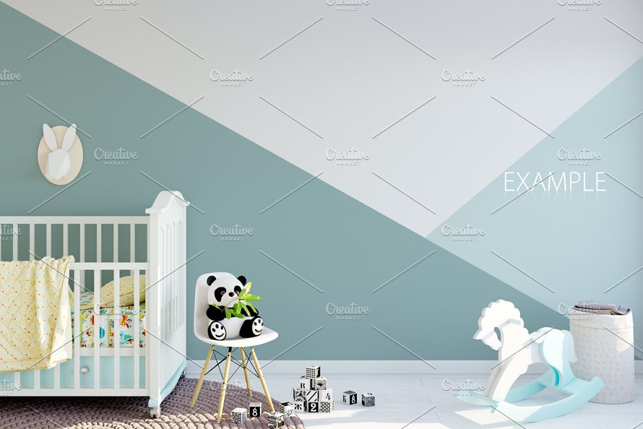 儿童主题室内墙纸设计展示和相框画框样机 Kids Interior Wall & Frames Mockup 1插图4