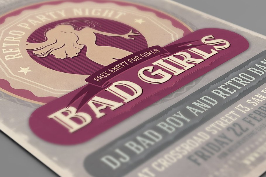 坏女孩复古传单派对宣传模板 Badgirls Retro Flyer Template插图(2)