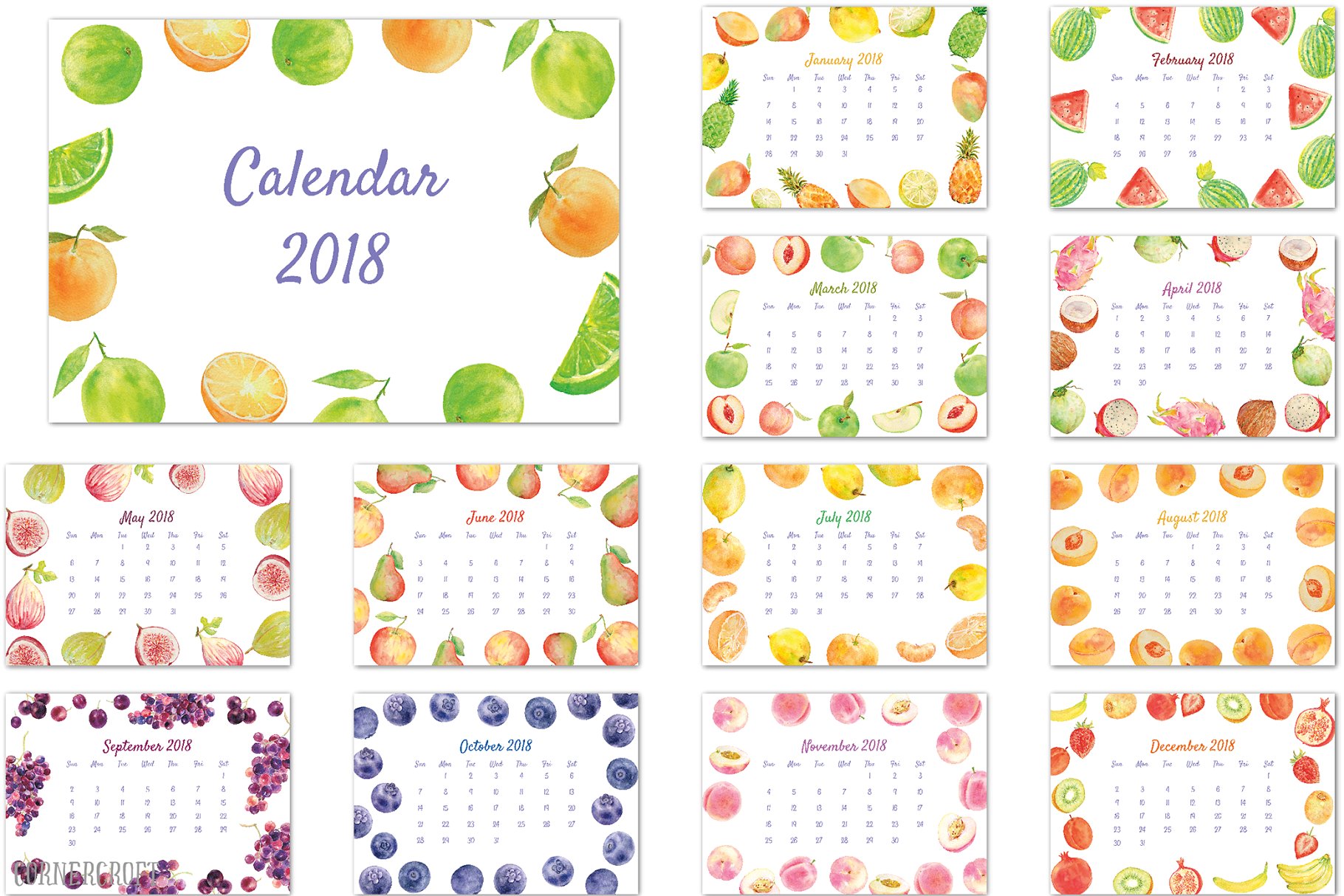 水彩水果年历/日历模板 2018 Calendar Watercolor Fruit插图1