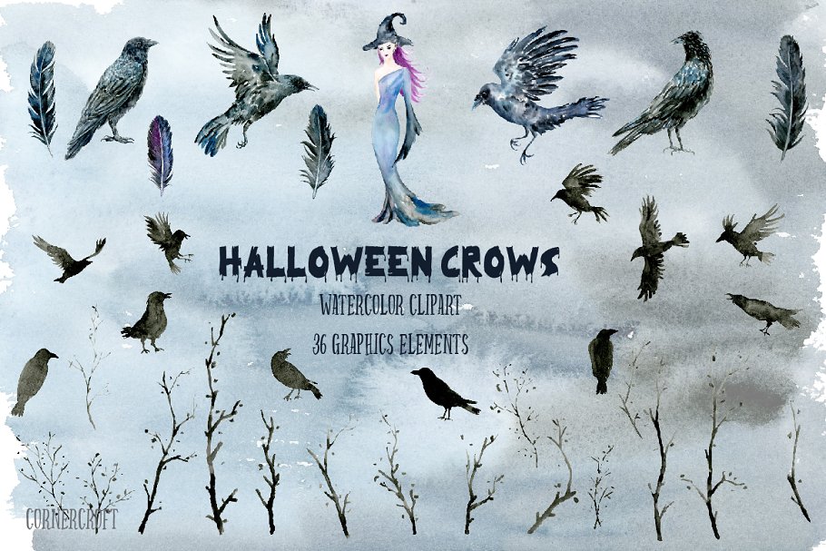 万圣节乌鸦和女巫水彩插画 Watecolor Halloween Crows & Witch插图(1)