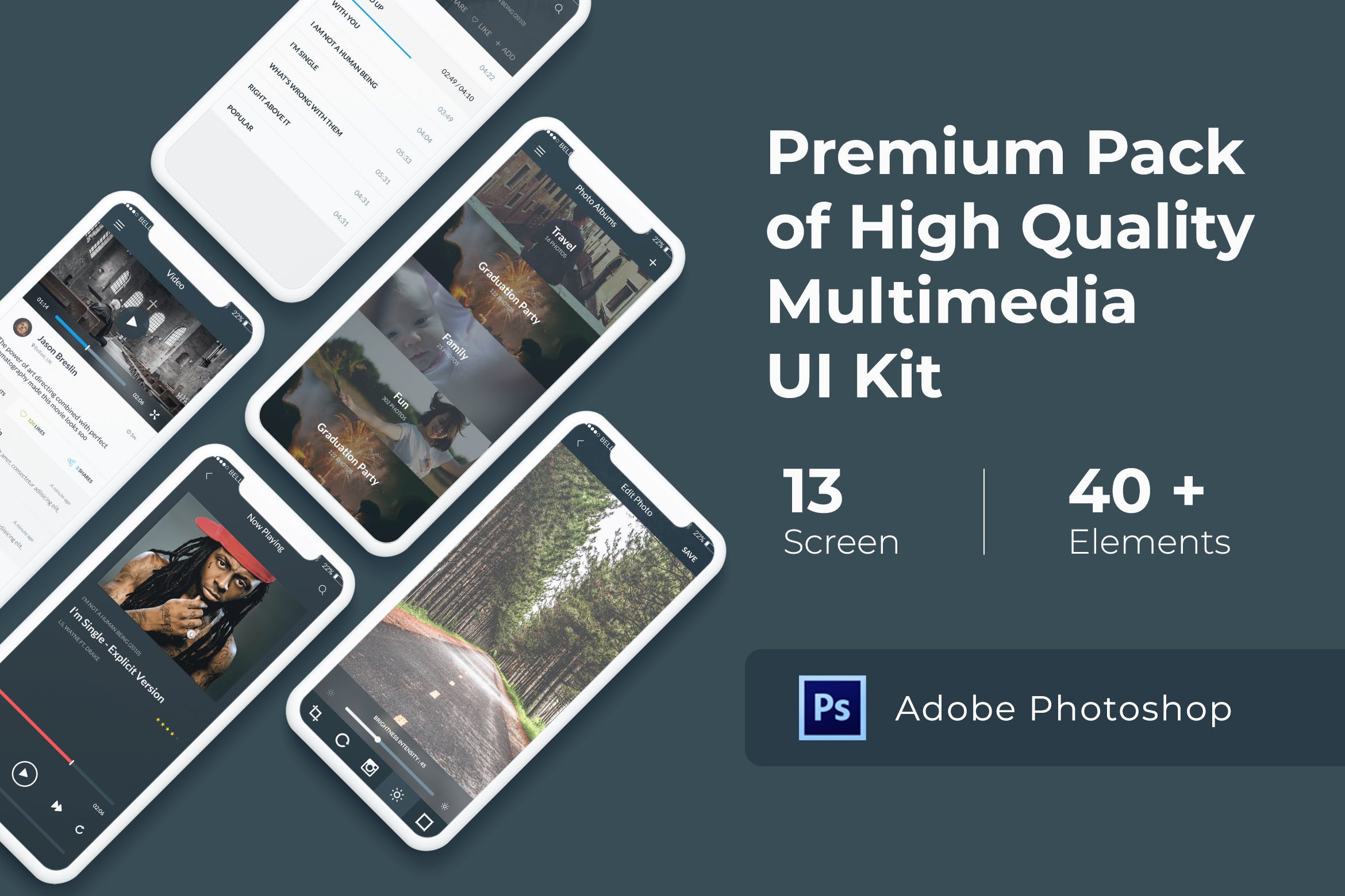 多媒体娱乐APP应用UI设计套件PSD模板 Multimedia and Entertainment UI KIT for Photoshop插图